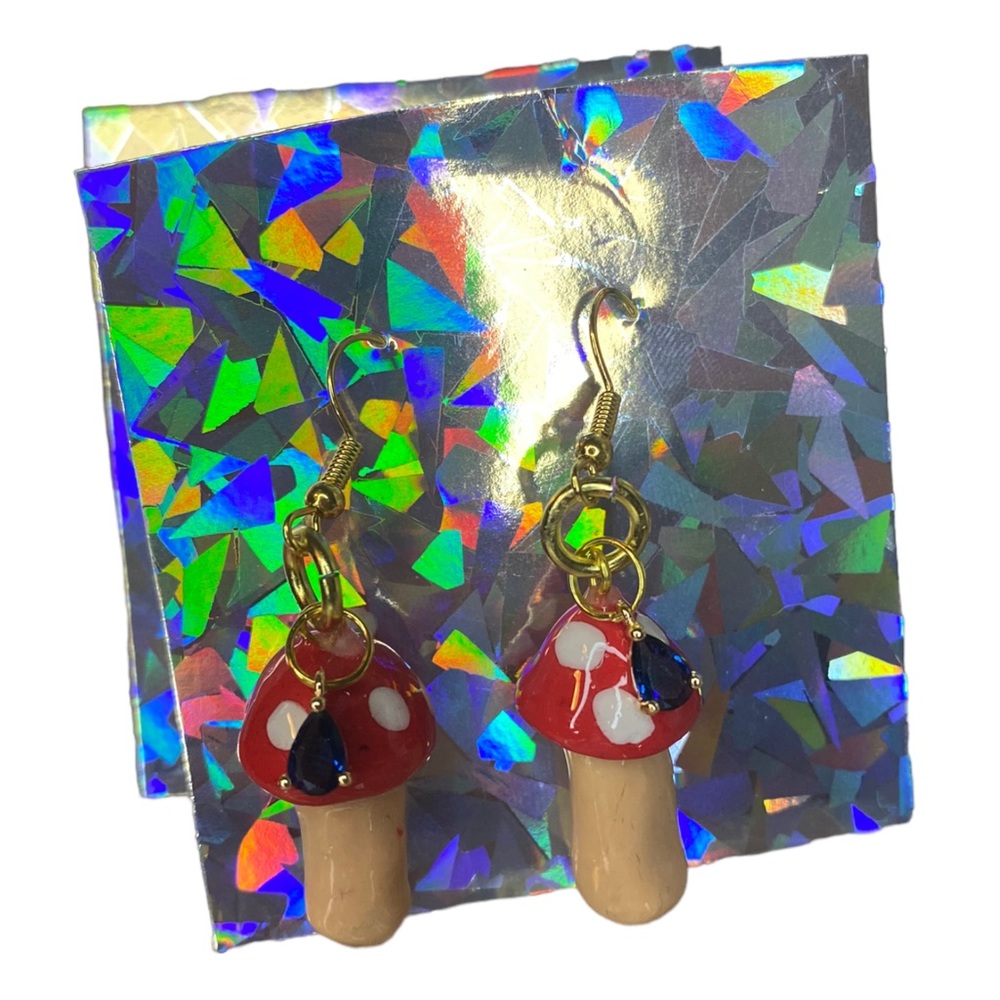 Handmade Mushroom Nature-Inspired Fly Amanita Earrings with Blue Gemstone